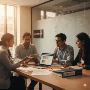 Cross-functional GCC team in a modern innovation lab, showing lean artifacts and governance checklists — symbolising GCC shift to transformation.