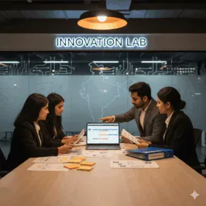 Cross-functional GCC team in a modern innovation lab with sketches and governance checklists, symbolising GCC evolution to product and transformation.