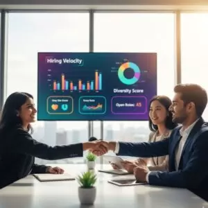 Recruiter shaking hands with candidate in a modern office