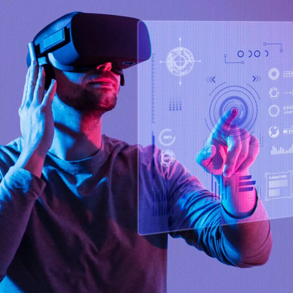 A recruiter conducting a gamified interview in a virtual reality office space inside the metaverse