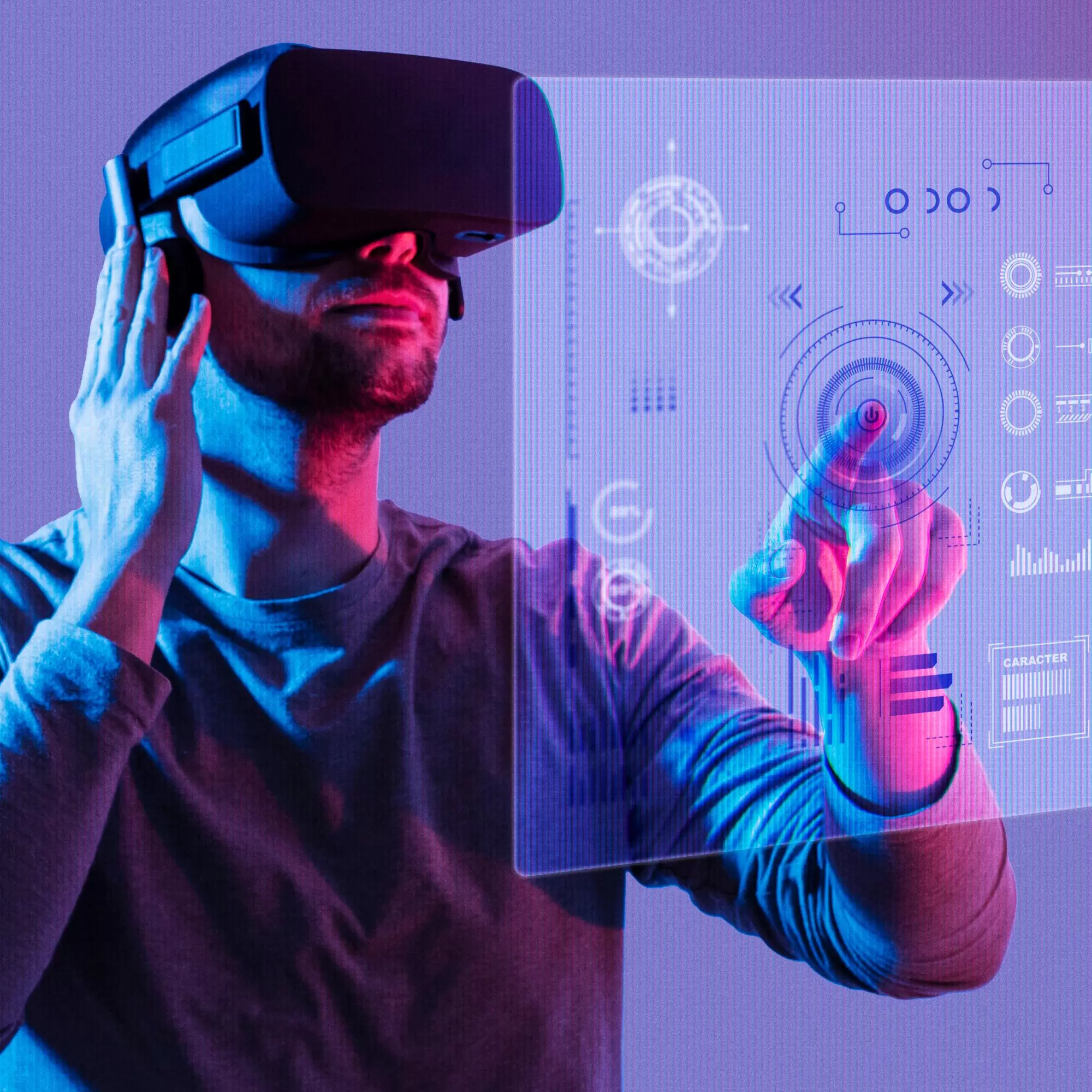 A recruiter conducting a gamified interview in a virtual reality office space inside the metaverse
