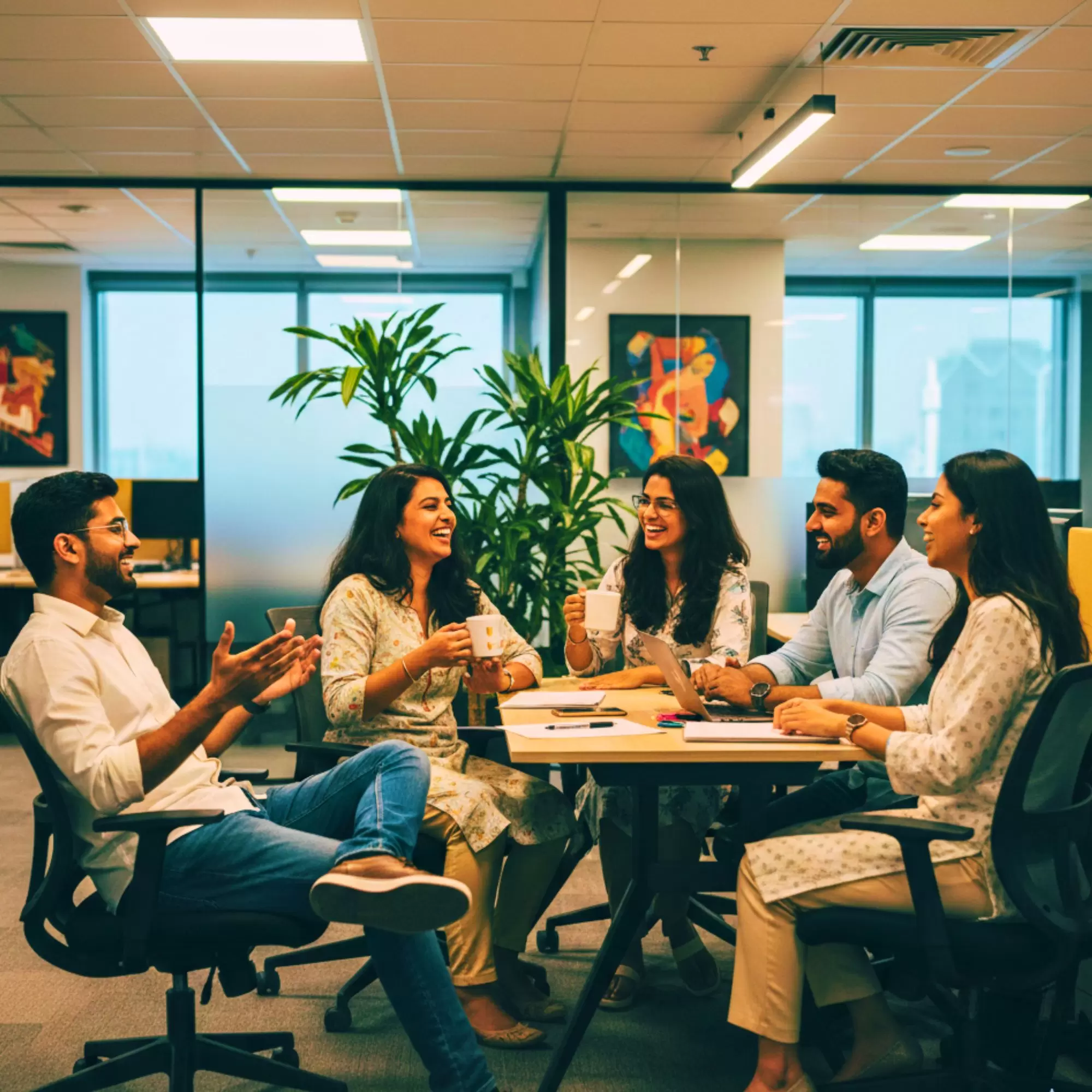 Candid photo of a diverse team of Indian tech professionals laughing during a brainstorming session in a modern, glass-walled office in Bangalore.