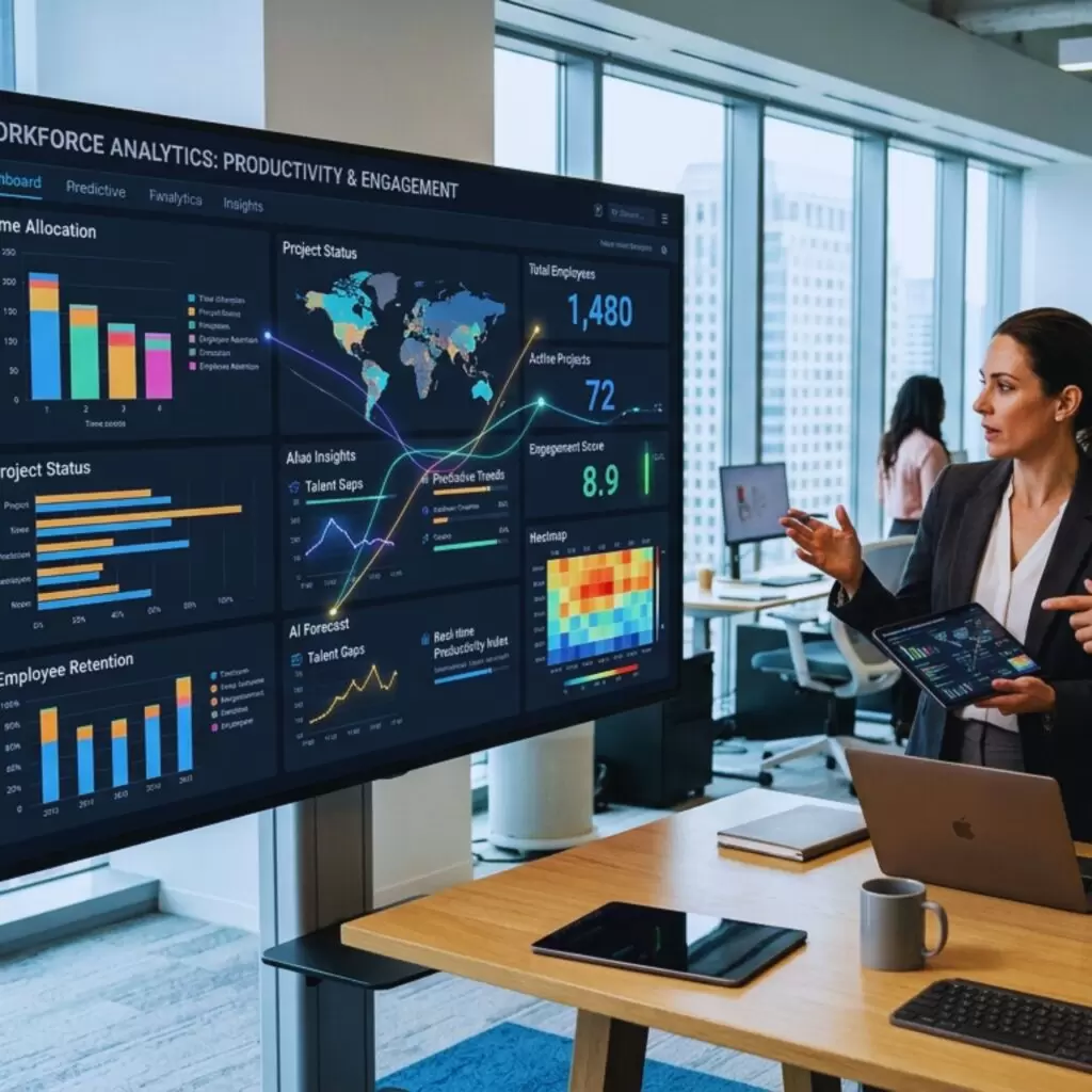 Executives reviewing AI-powered RPO hiring dashboards and workforce planning strategy in 2026