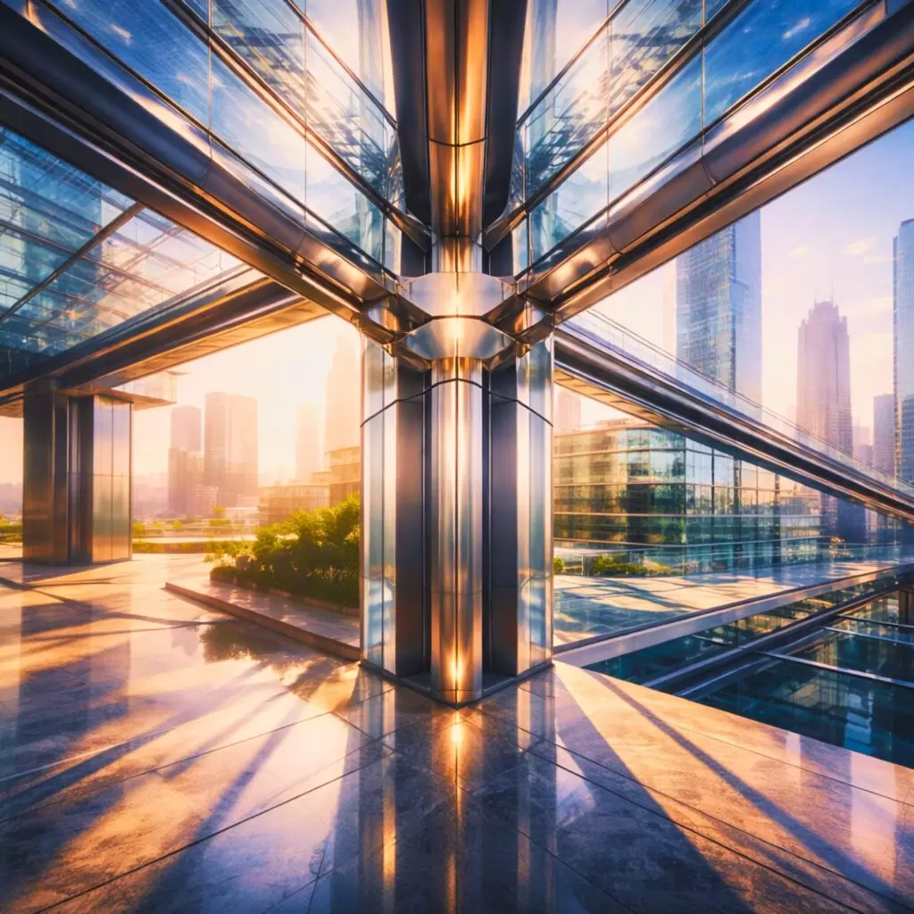 Architectural steel framework forming the central structural spine of a modern glass building with dramatic light and reflections symbolising operational stability and scalable growth.