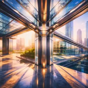 Architectural steel framework forming the central structural spine of a modern glass building with dramatic light and reflections symbolising operational stability and scalable growth.