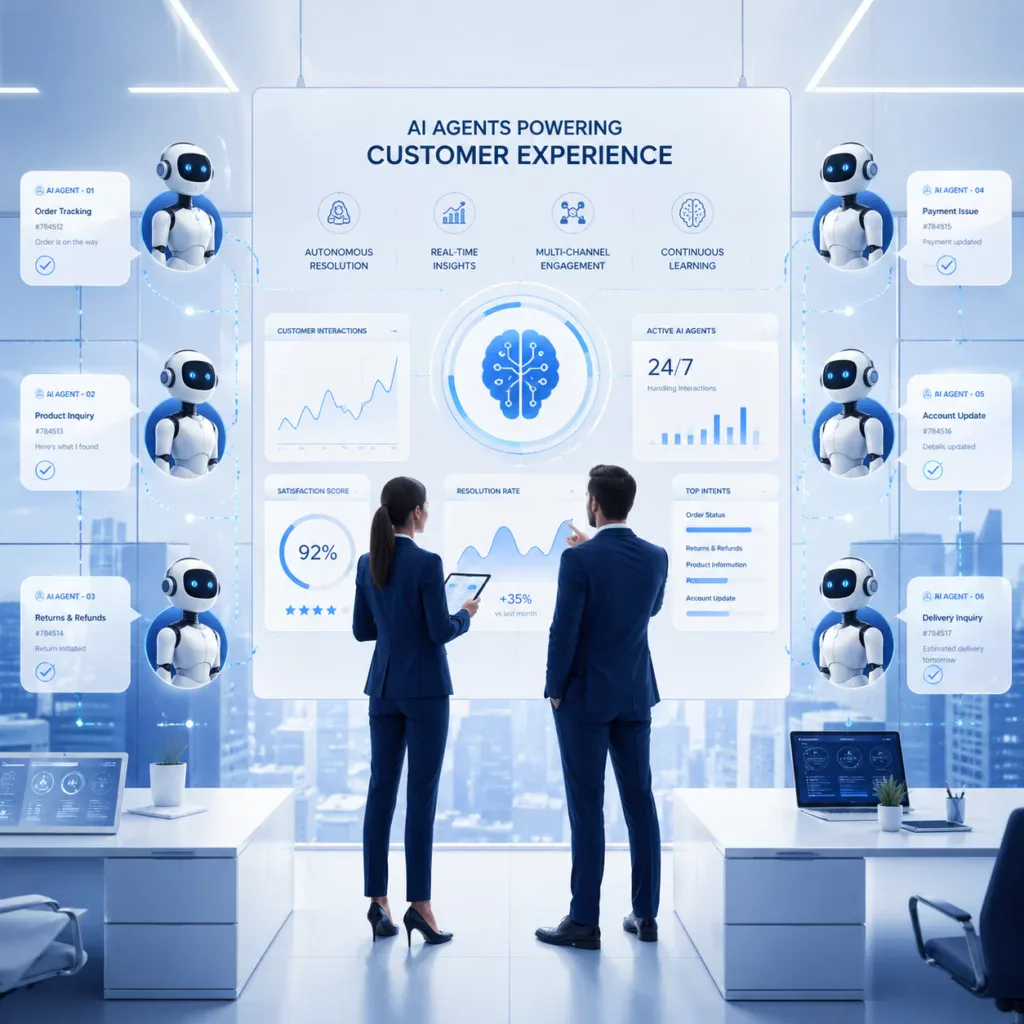 Agentic AI in customer experience showing autonomous systems handling customer journeys and interactions