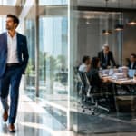 Executive candidate walking away while corporate leaders remain stuck in hiring approvals and decision bottlenecks, illustrating the hidden cost of a slow hiring process.
