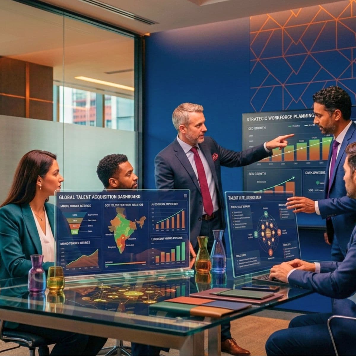 Business leaders discussing Recruitment Process Outsourcing strategy with AI hiring dashboards and talent analytics for enterprise recruitment in India.