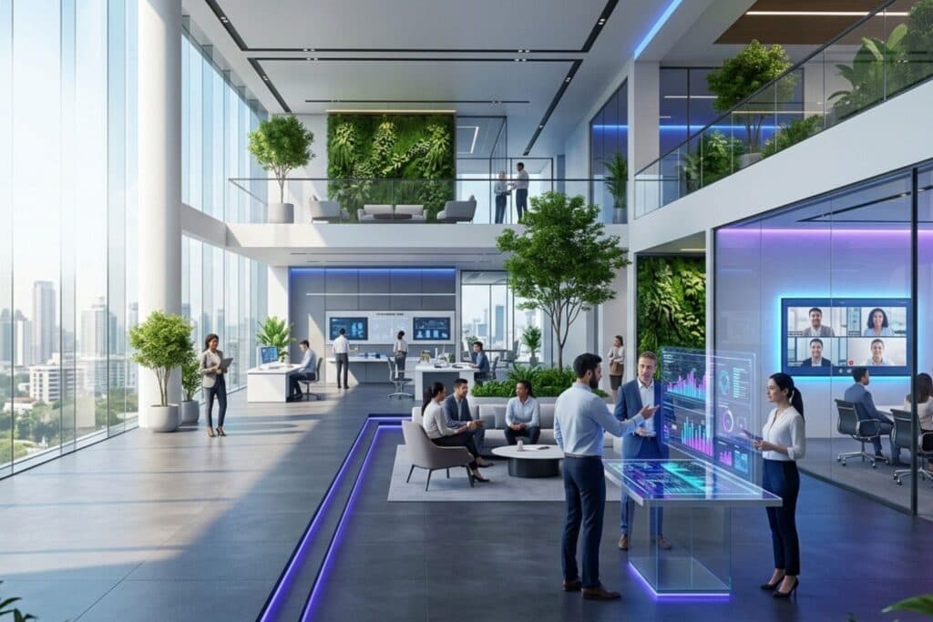 Futuristic AI-powered GCC workplace in India featuring smart offices, hybrid collaboration spaces, sustainable workplace design, workplace analytics, and global teams working together.