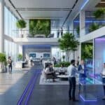 Futuristic AI-powered GCC workplace in India featuring smart offices, hybrid collaboration spaces, sustainable workplace design, workplace analytics, and global teams working together.